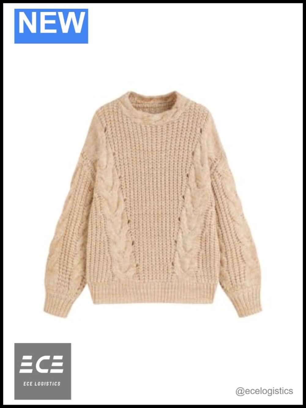 Oversized Cable Knit Sweater Drop Shoulder Crew Neck Long Sleeve Pullover